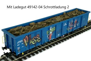 Hochbordwagen Eanos, PKP, blau, Graffiti mit Ladegut Schrottladung Nr.2